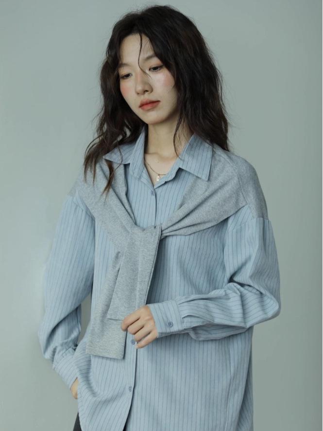 Women's Striped Long-Sleeve Shawl Shirt - Autumn/Winter Slim-Fit, Soft, Versatile, Casual.