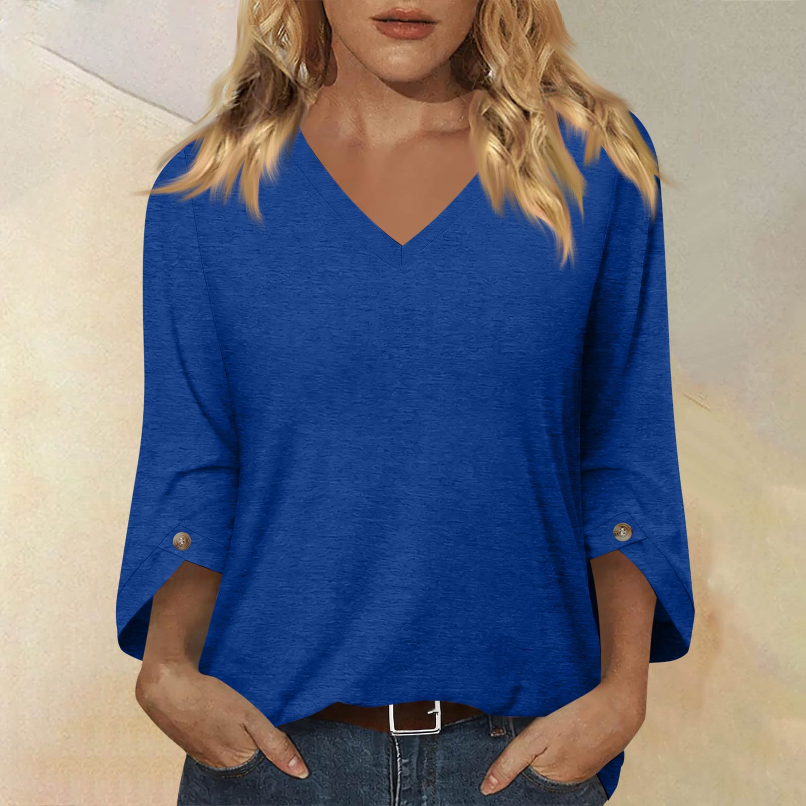 

Women V Neck Long Sleeve Blouse Loose Fit Button Tunic Lightweight Casual Top for Daily Wear Work XXXL синий