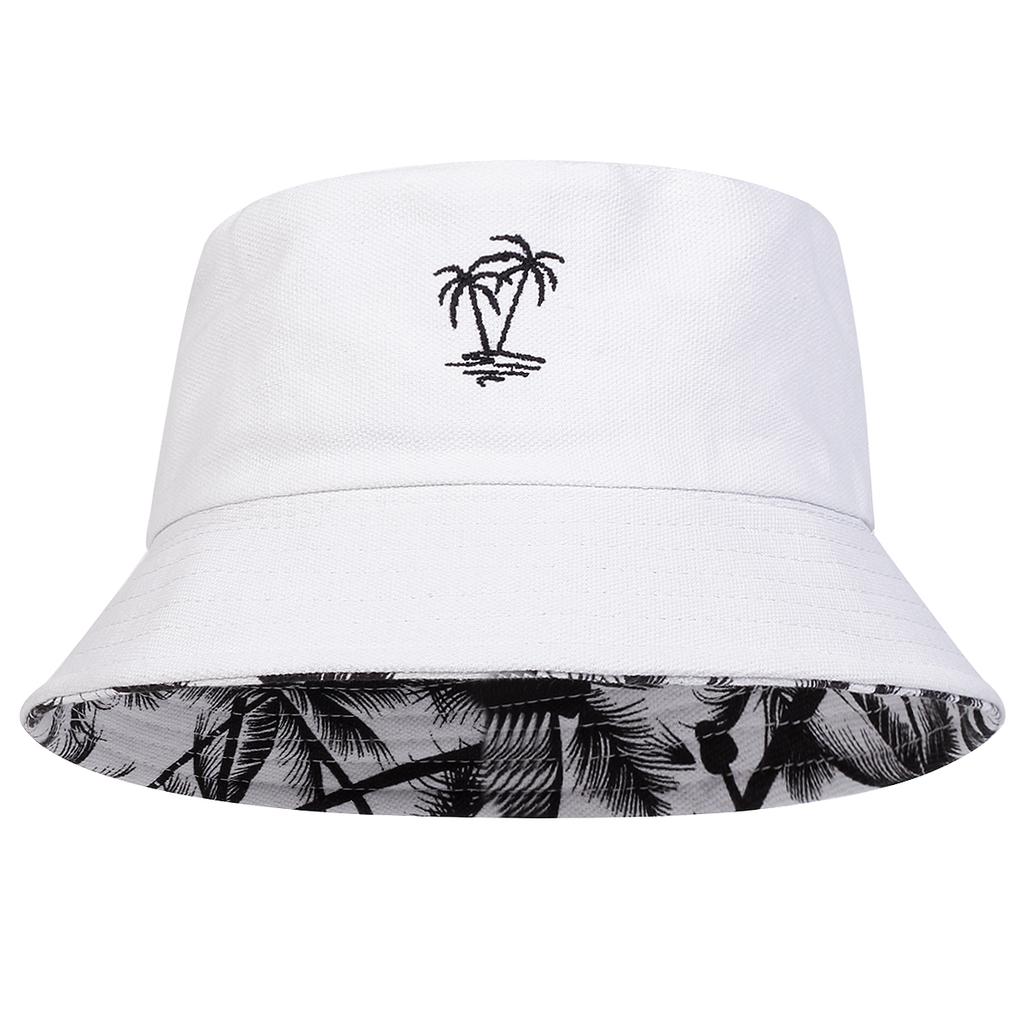 Unisex Coconut Tree Embroidery Double Sided Wearing Bucket Hats Fishermen Caps Outdoor Casual Cap Sunscreen Hat