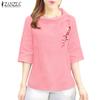 ZANZEA Women Summer O-neck Casual 3/4 Sleeve Floral Embroidery Blouse
