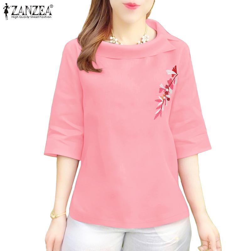 ZANZEA Women Summer O-neck Casual 3/4 Sleeve Floral Embroidery Blouse