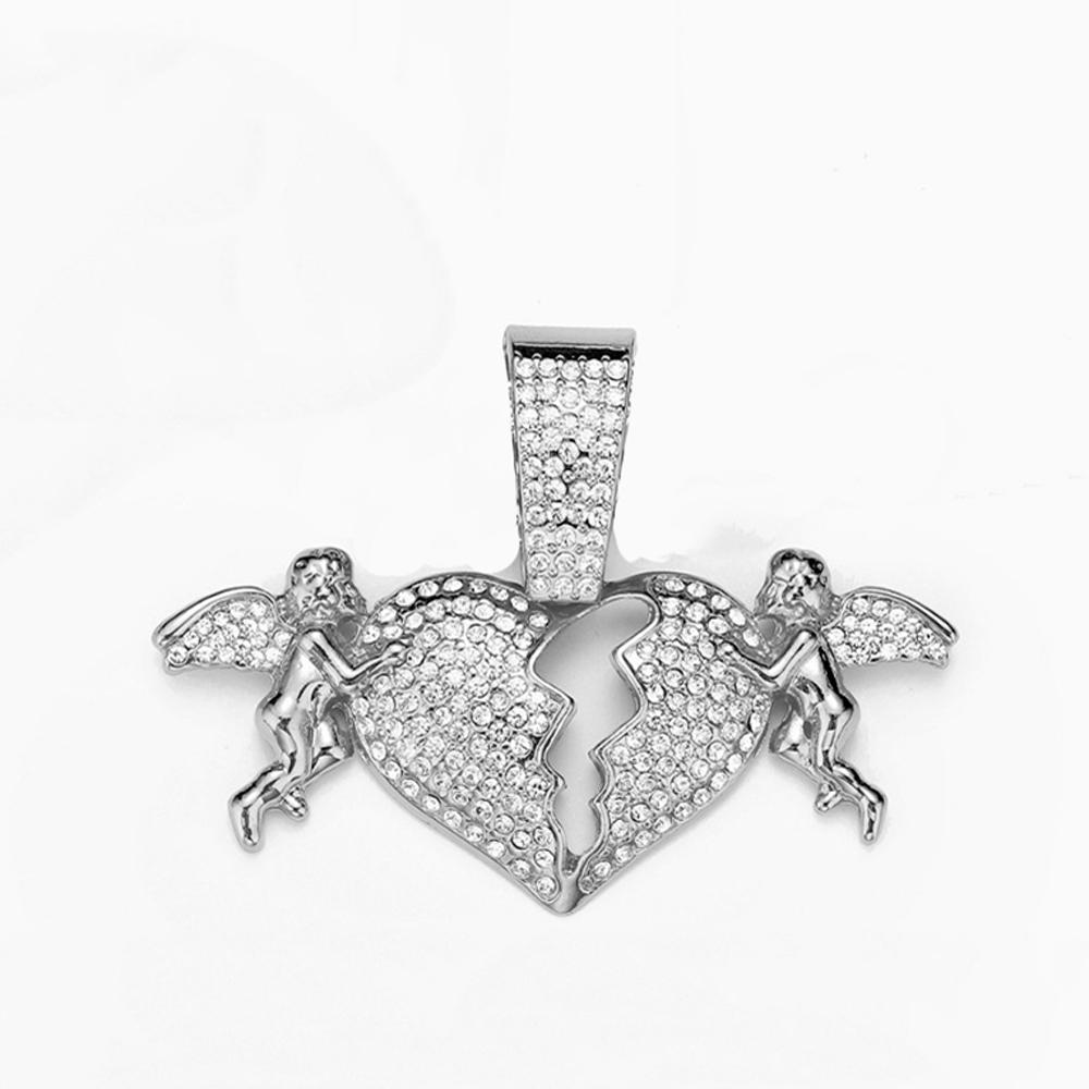 Trendy Men's Women Hip Hop Sparkling Angel Love Heart Pendant Necklace with 15mm Cuban Chain Necklace Charm Jewelry Factory Sale