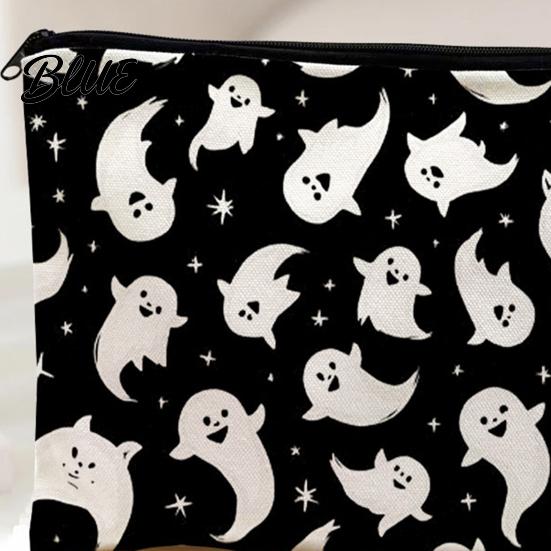 Cute Ghost Pencil Case Storage Bag Halloween Pattern Print Durable Canvas Zippered Large Capacity Bag Travel Toiletry Case for Makeup And