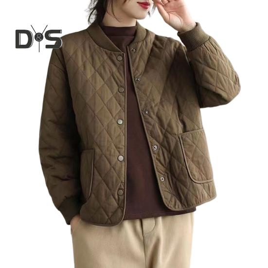 Damenjacke Stehkragen Langarm Rautenstruktur Einreihig Elastische Bündchen Einfarbig Taschen Sport Lady Coat