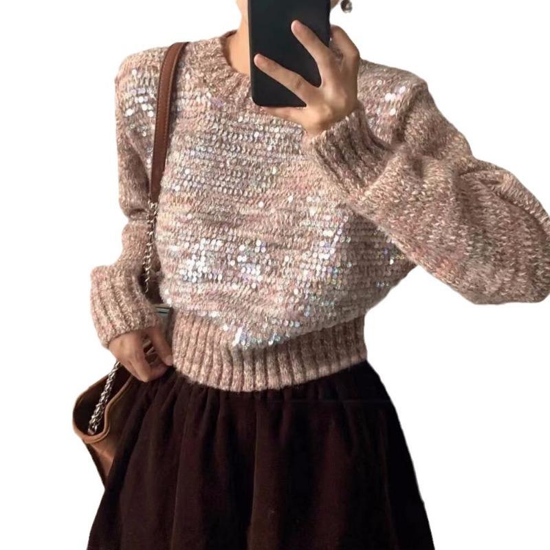 Sequined Knitted Sweater Top Women's Autumn and Winter New Lazy Wind Pullover Round Neck Heavy Industry Super Good-looking Short Sweater