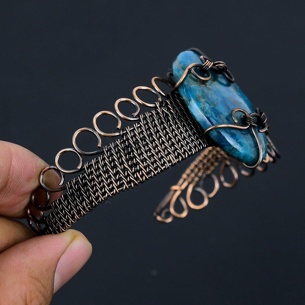 Neon Blue Apatite Pure Copper Wire Wrapped Handmade Jewelry Bangle Bracelet Adjustable For Gift