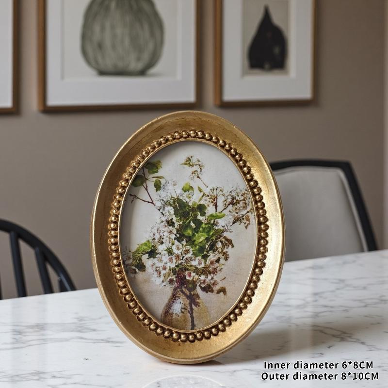Kreativní Vintage Zlatý Pryskyřičný Rámeček na Obrázky Displejový Držák na Stůl Nástěnná Dekorace Oválný Rámeček na Fotografie Malý Retro Závěsný Rámeček