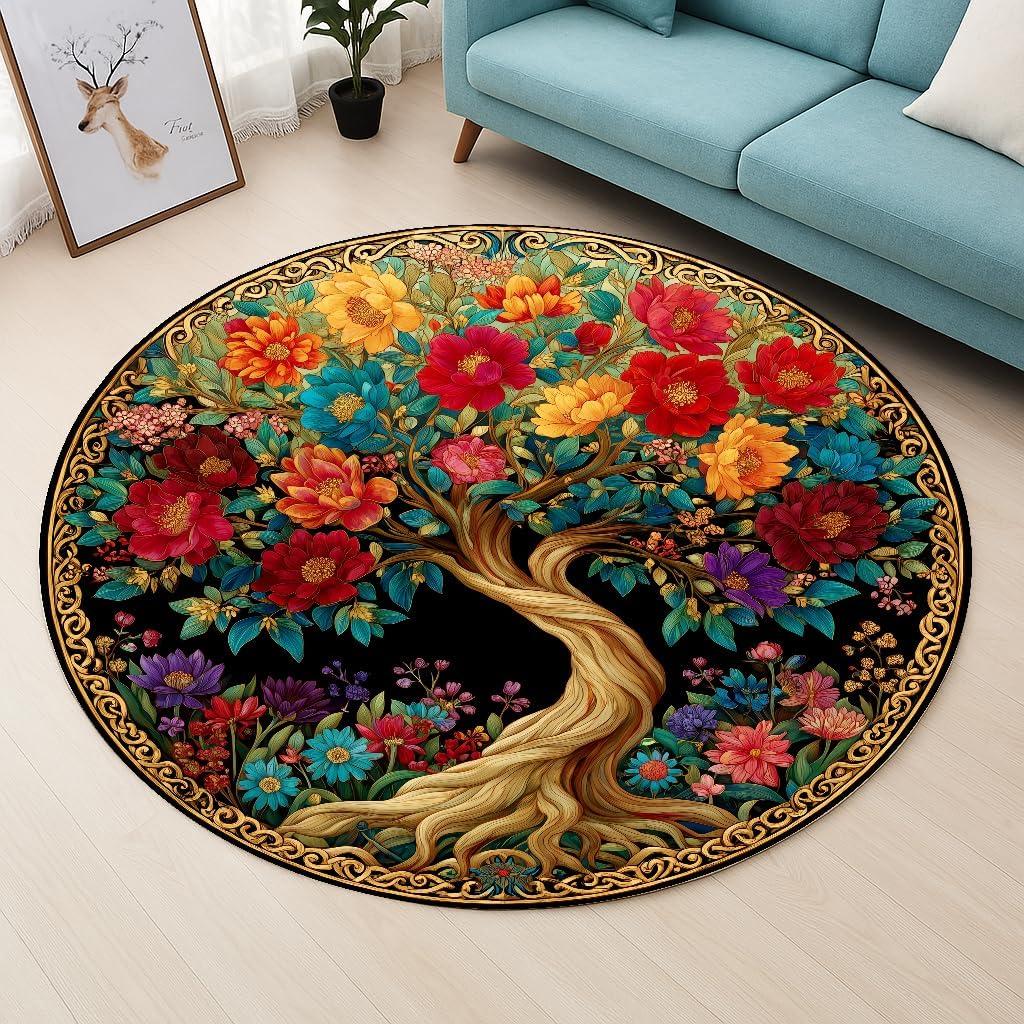 

Tree of Life Round Rugs, Soft Circle Carpet for Bedroom Dining Room Round Rug, Washable Carpet Rug for Living Room Bedroom 80cm x 80cm