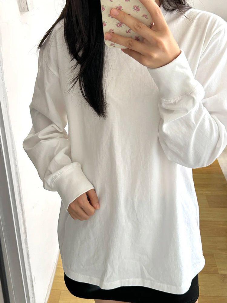 

Women s White Pure Cotton Long Sleeve T-shirt - Loose Korean Style, Perfect for Spring & Autumn XL білий