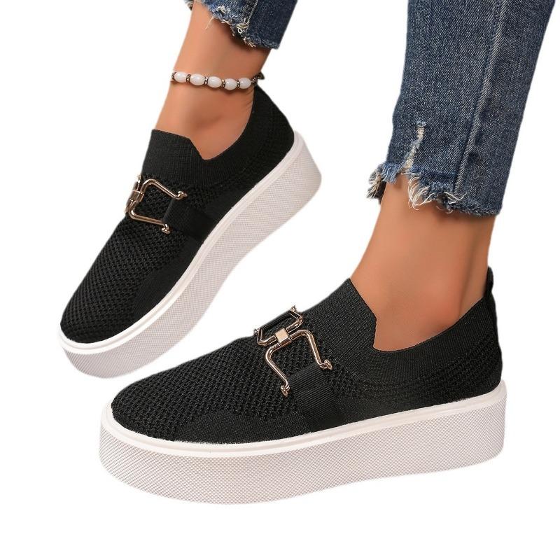 Large Size Single Shoes Women's Spring and Autumn New Thick-soled Shallow-mouth Knitted Mesh Chain Outer Wear Casual Flying Shoes