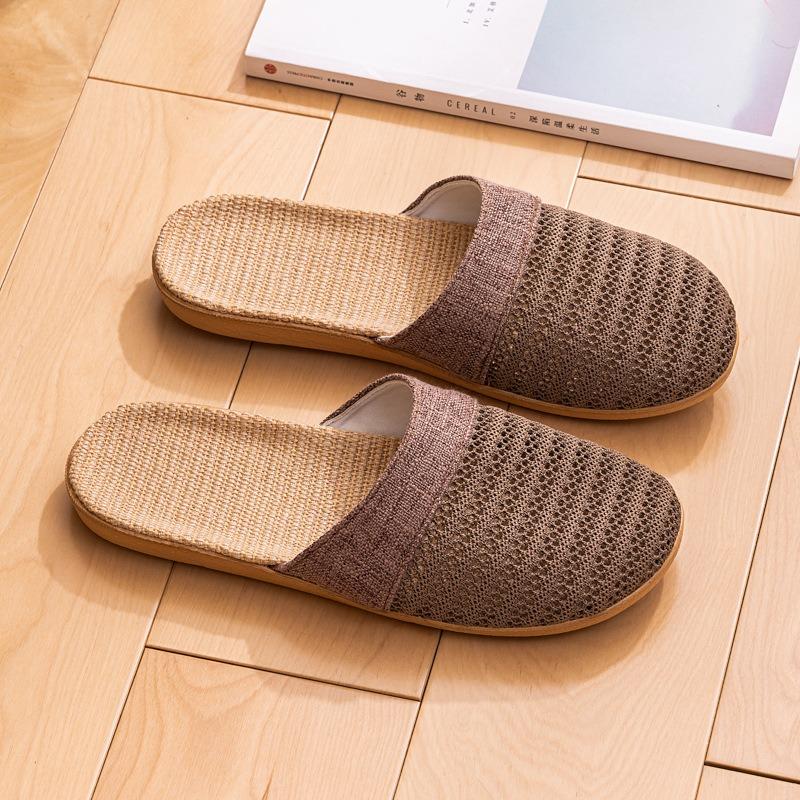 Women Indoor Linen Slippers Spring Summer Shoes Anti Slip Light Weight Breathable Lace Couples Home Floor Slides