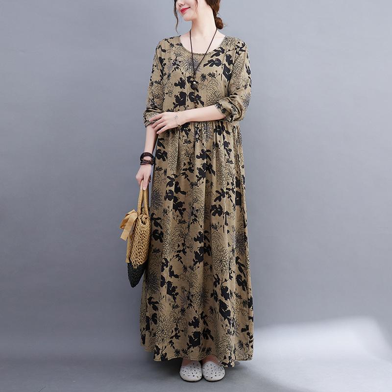 New Large Size Casual Printed Long-sleeved Dress Women Loose Fashion Long Skirt