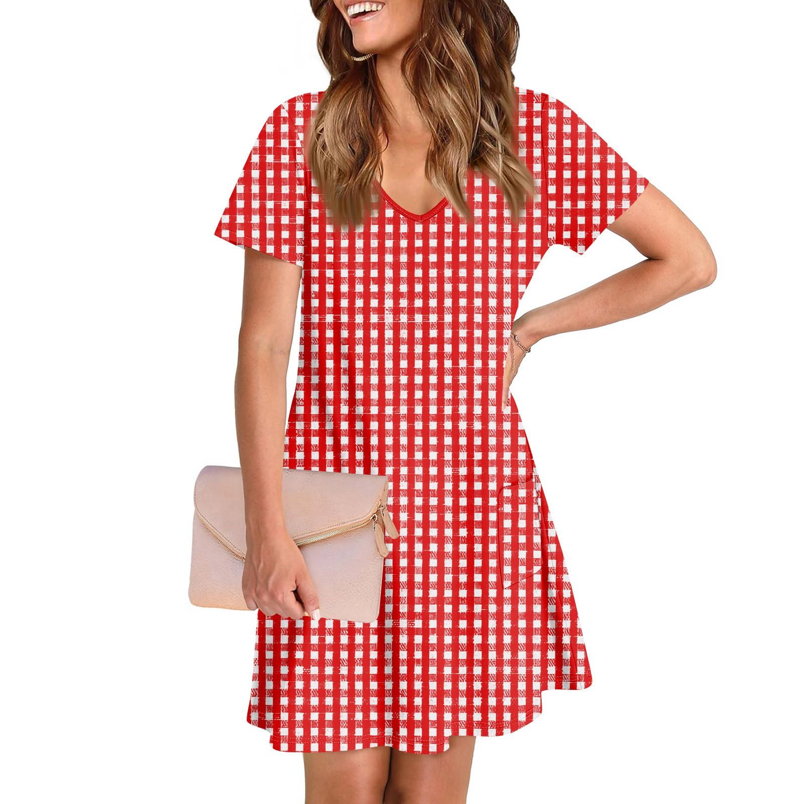 

Жіноча повсякденна та модна сукня середньої довжини з V-подібним вирізом і короткими рукавами XL червоний