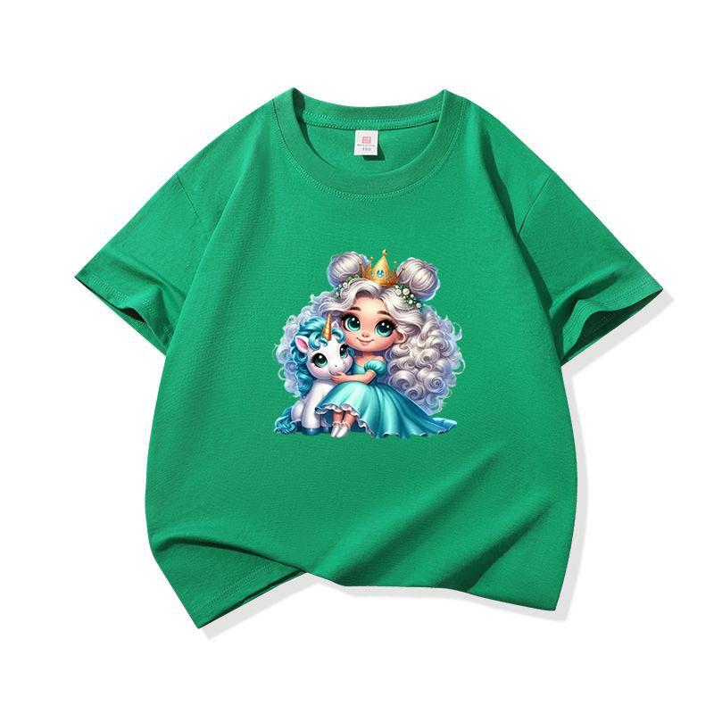 Kids Cotton T Shirt Princess Girl With Blue Unicorn Print Crew Neck Short Sleeve Tee Casual Boys Girls Summer Tops