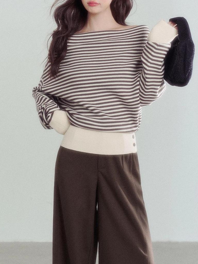 MAXMENT One-Shoulder Striped Retro Knit Sweater in Autumn Mocha