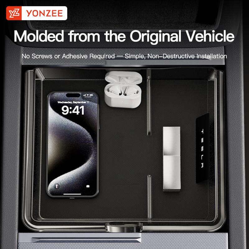 YZ For Tesla Model 3 Highland Y YL Juniper Center Console Storage Box ABS Silicone With Non‑Slip Mat Rear Armrest Car Accessorie
