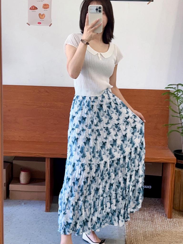 2024 French Retro Floral Pleated High-Waist Maxi Chiffon Skirt