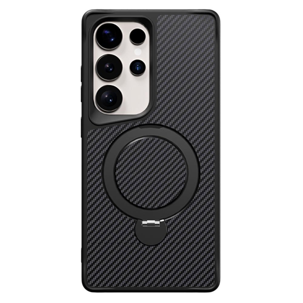 

For Samsung Galaxy S24 Ultra Phone Case with Magnetic Kickstand TPU+PC Carbon Fiber Back Cover Black