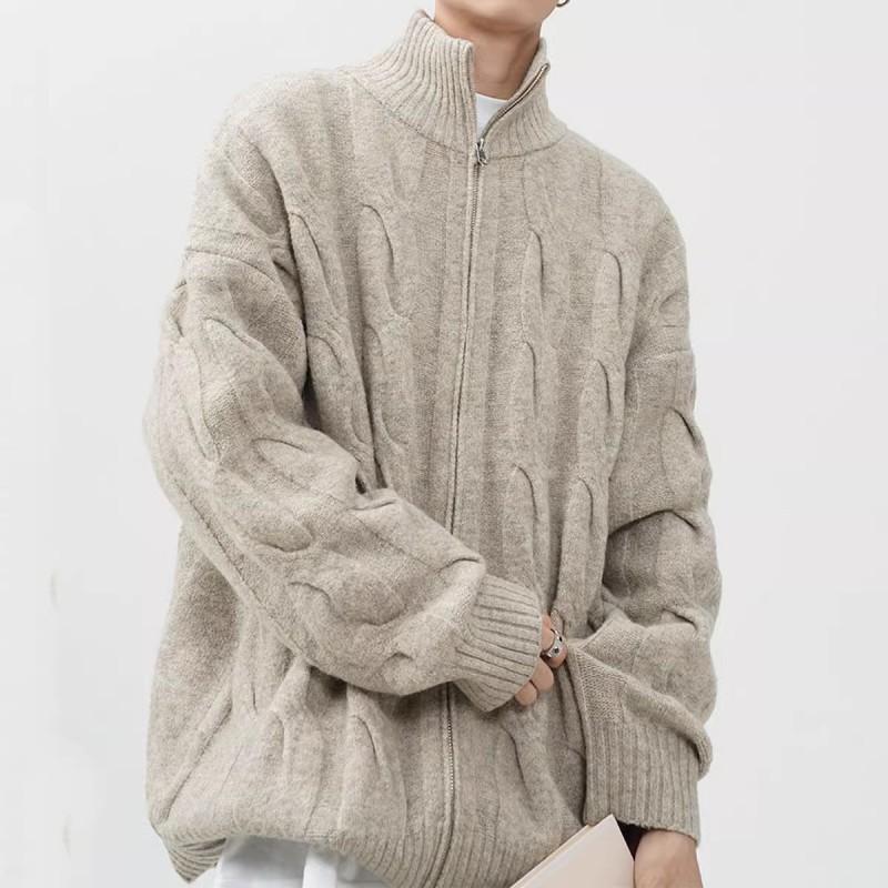 Unisex Vintage Half Turtleneck Cable Knit Cardigan Oversized Zip-Up Sweater Men Women Fall Winter