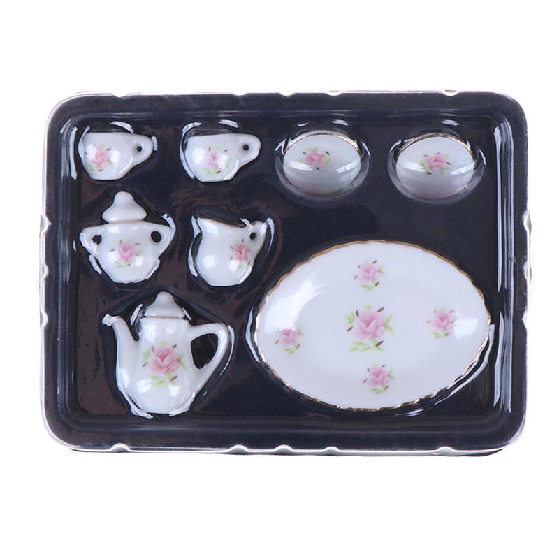 8Pcs 1/12 Dollhouse Miniature Dining Ware Porcelain Tea Set Dish Cups