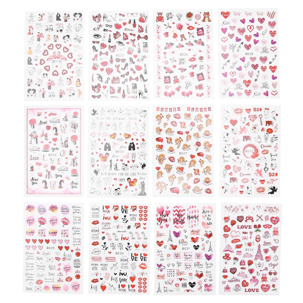 12 Sheets Valentine's Day Nail Art Stickers Red Lips Heart Shape Nail Decal Decoration