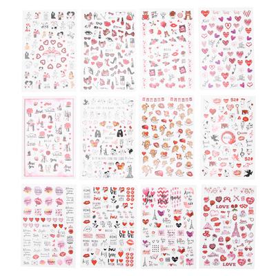 12 Sheets Valentine's Day Nail Art Stickers Red Lips Heart Shape Nail Decal Decoration