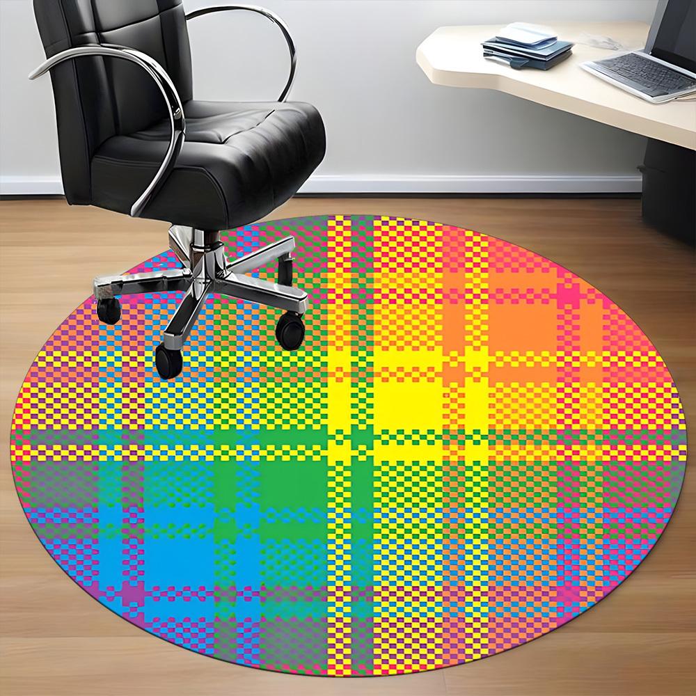 1pc Colorful Plaid Pattern Chair Carpet for Office, Round Polyester Mat, Indoor Decor for Office, Easycare Fabric, Washable Non-slip Area Carpet