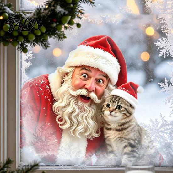 Creative Christmas Gift Ideas Window Static Sticker, Santa Claus And Cute Kitten PVC Holiday Glass Decals Decal, Waterproof Reusable Cling for