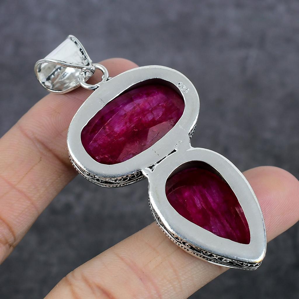 Anhänger aus natürlichem Rubin, natürlicher Edelstein, 925er Sterlingsilber, 7,1 cm, s9I97