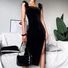 Women Fashion Square Collar Solid Strap Fork Opening Feather Long Dress