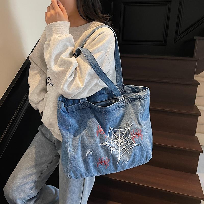 Large Capacity Denim Tote Bag Women's Travel Bag Embroidery Commuter Shoulder Bag
