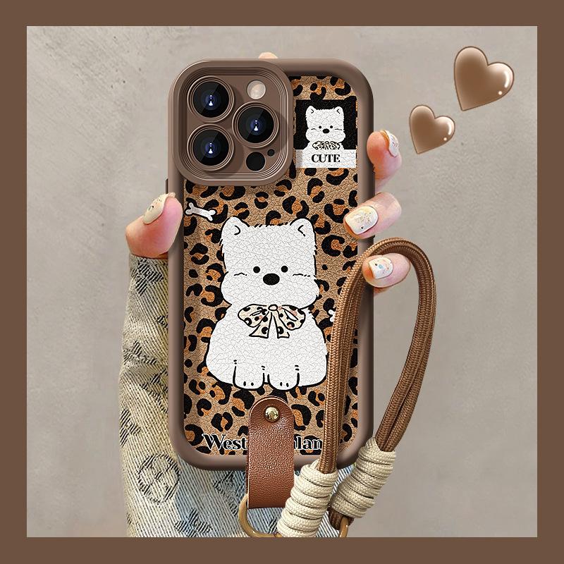 Leopard Print Lanyard Is Suitable for Apple 16 Mobile Phone Case 15PRO Autumn and Winter 14 Matte Silicone 13 Lambskin 12 Anti-drop 7/8