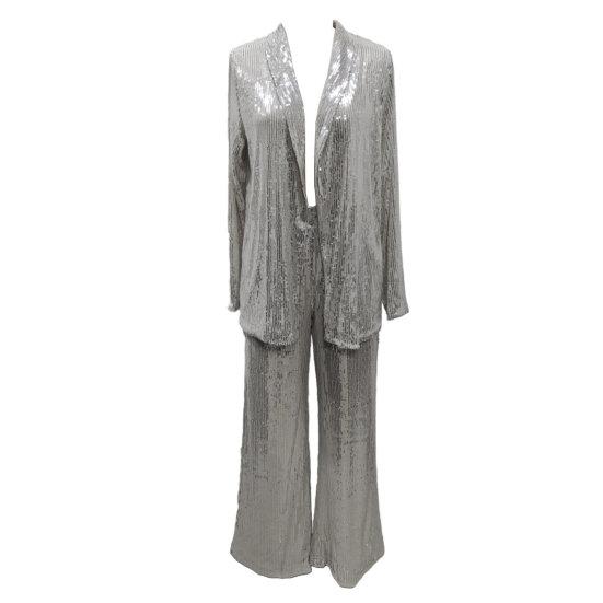 Women Pant Coat Shiny Sequin Formal Commute Style Solid Color Cardigan Long Seeve