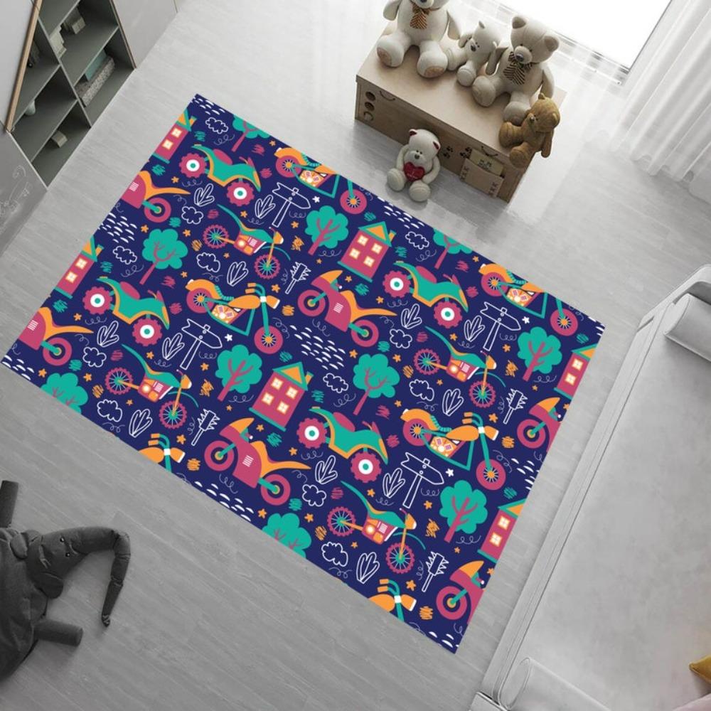 Cute Cartoon Vehicle Construction Car Area Rug Kids Dinosaur Bus Print Carpet Non-Slip Washable Floor Mat for Playroom Bedroom