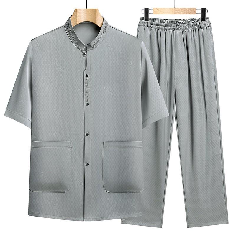 Men's Summer Ice Silk Chinese Two-Piece Set: Loose Short-Sleeve Shirt Suit for Middle-Aged and Elderly