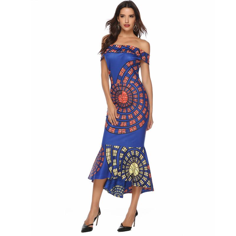 

European and American new dresses are popular, sexy one-word shoulder printing hip-wrapped dress skirt S