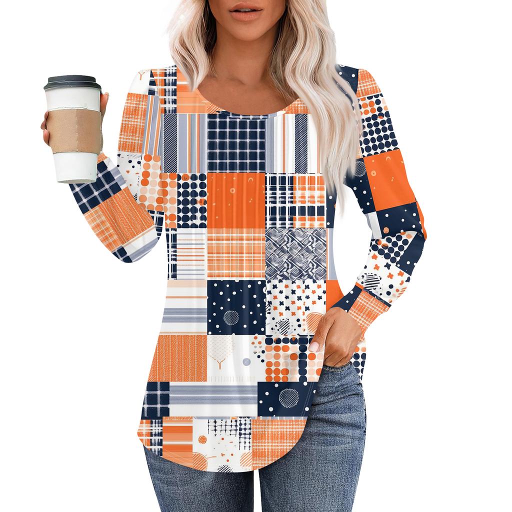 Women's Fashion Casual Pleated Round Neck Vintage Floral Print Long Sleeve T,Shirt Top