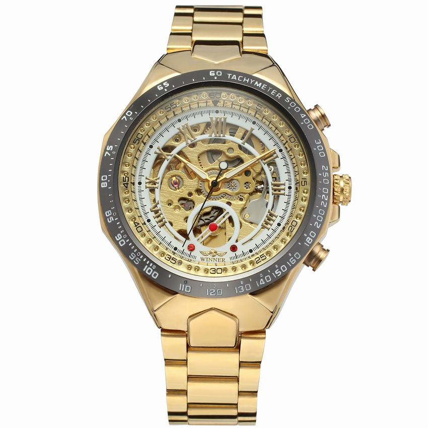 New Classic Luxury Brand Gold Skeleton Watch for Men Mechanical Watches Casual Stainless Steel Strap Vintage Wristwatches New