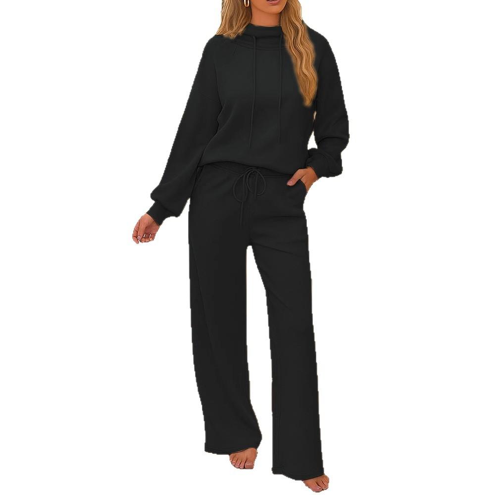 Women's Casual Hooded Top with Drawstring and Wide Leg Pants Set