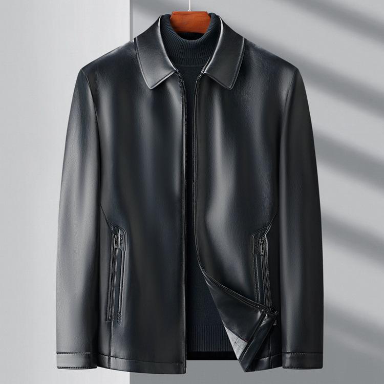 Men's Versatile Sheepskin Leather Jacket: 2025 Spring/Autumn, Middle-Aged Dad Lapel Motorcycle Style