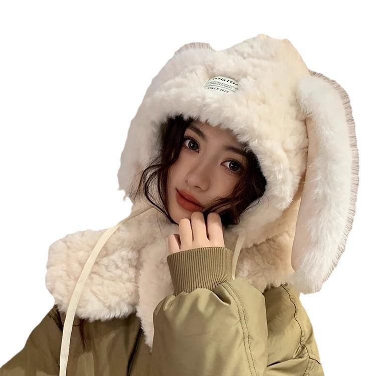 Chapeau en peluche mignon et tendance de style coréen avec de longues oreilles de lapin pour femmes Chaud et polyvalent Montrant le visage Petit Protège-oreilles Protection du cou Chapeau