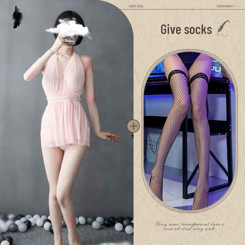 European-American Deep V Backless Mesh Halter Nightdress