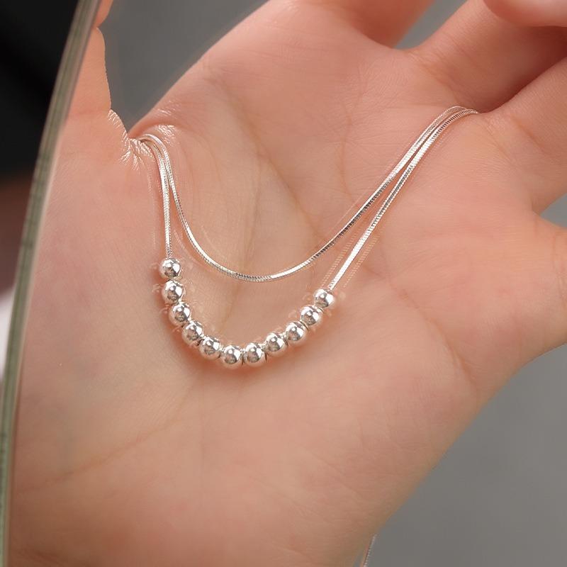 Minimalist Double Layer Snake Bone Round Bead Silver Clavicle Necklace For Women Light Luxury Niche High End Design