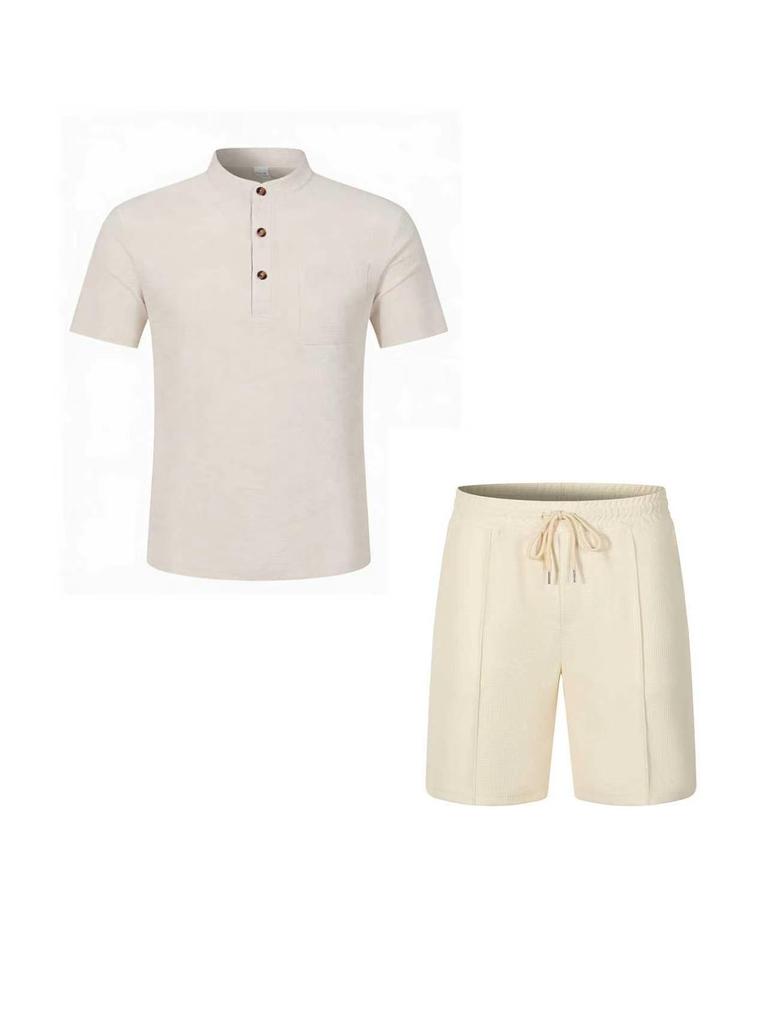 Men's Plus Size Waffle Henley Shirt & Shorts Set - Solid Color, Breathable, Casual.