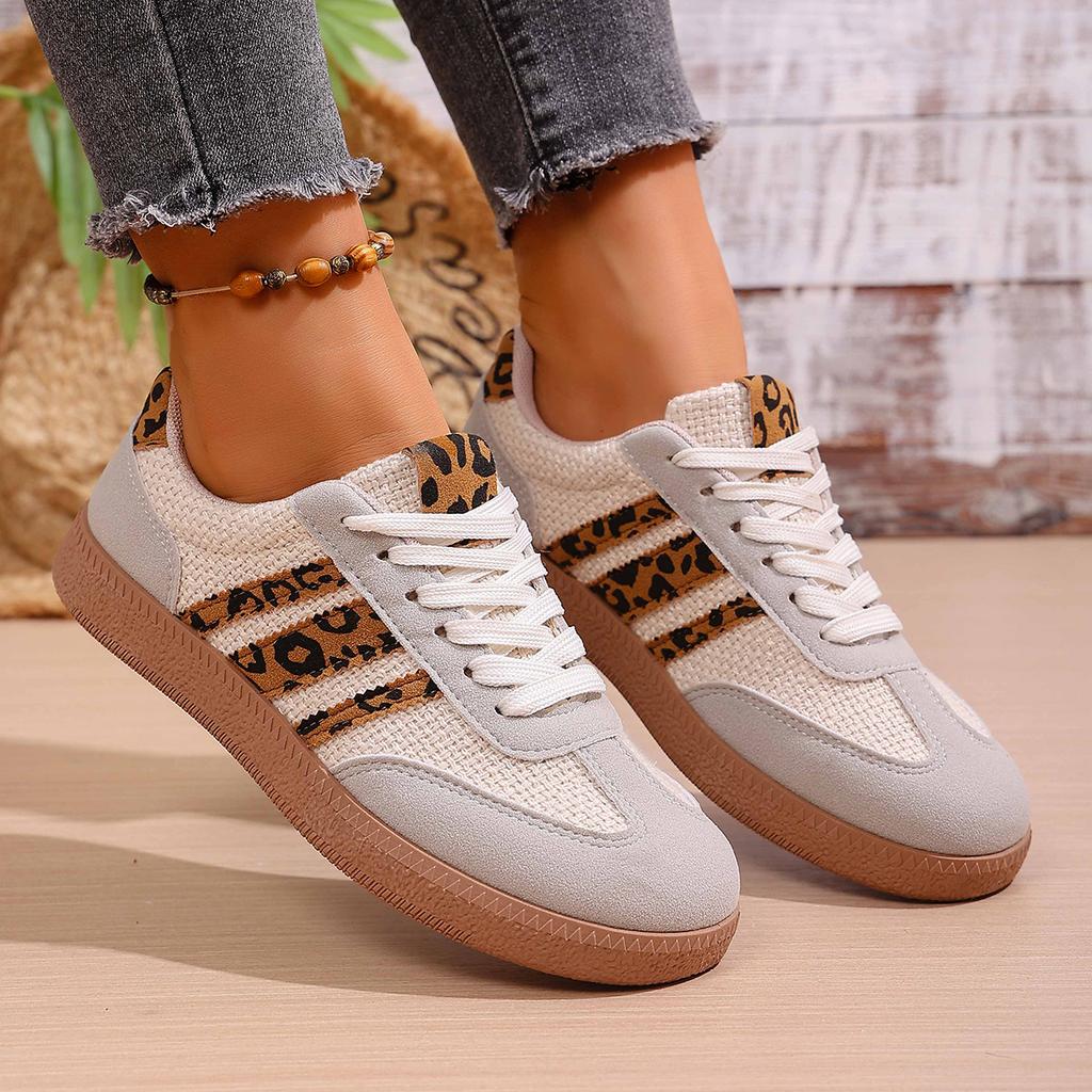 Sneakers Women Casual Shoes Women Low-Top  Golden Leopard Print Lace-Up Ankle Strap Moccasin Style Shoes Minimalist  All Season