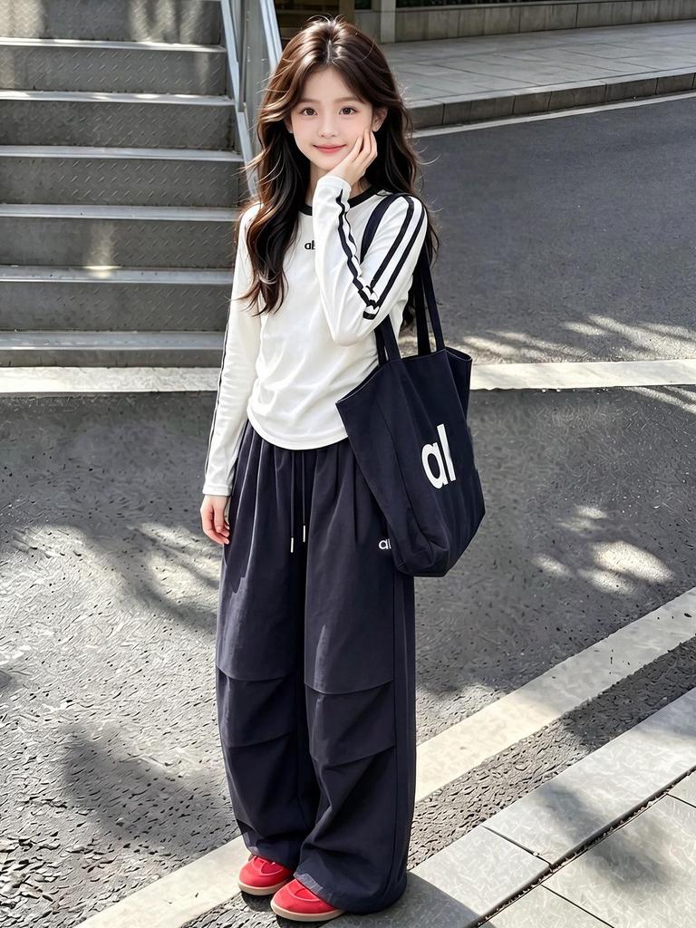 Girls' Embroidered Letter Two-Piece Set: Drawstring Wide-Leg Pants & Base Layer Top for Autumn 2026