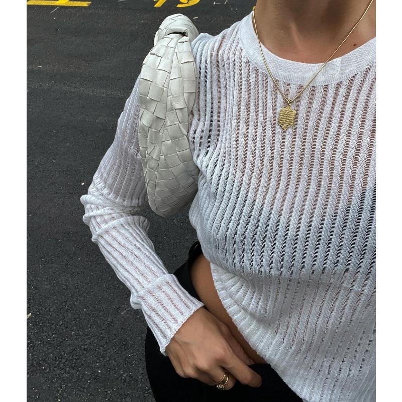 Women's Skeleton Knit Spring Autumn Sexy Slim Round Neck Long Sleeve Thin Pit Stripe Knit Sweater
