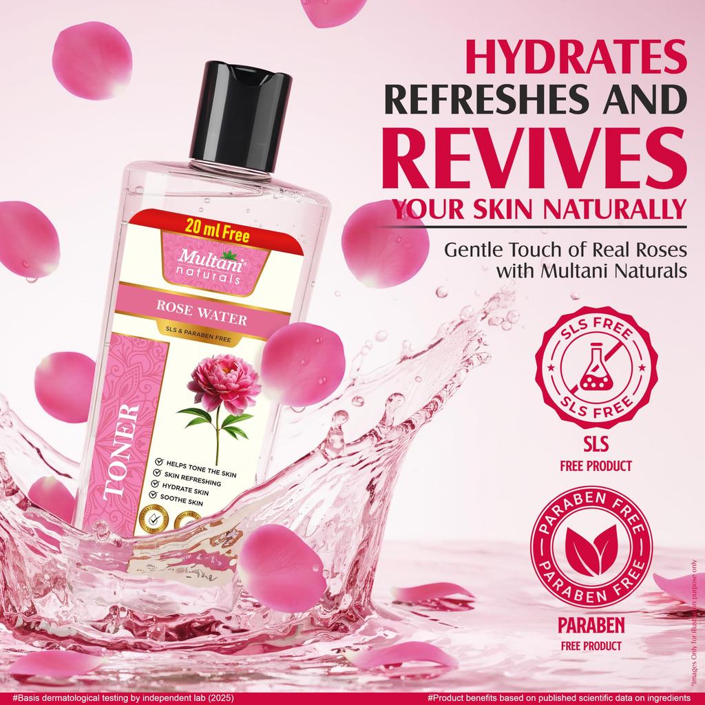 Multani Naturals Tonico Viso Acqua di Rose 270 ml | Per Pelli Grasse, Acneiche, Secche | Restringe i Pori & Pelle Luminosa | Sbiadisce le Imperfezioni, Illumina & Leviga