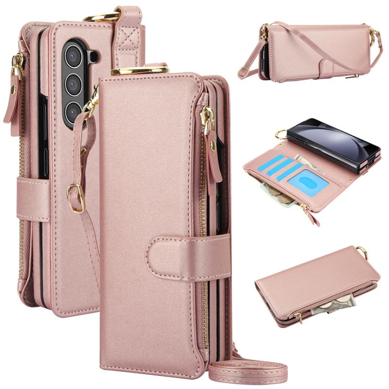 CrossBody Multi-function Wallet case for Samsung Galaxy Z Fold 6, Ring Holder Leather case for Galaxy Z Fold 5 With Lanyard
