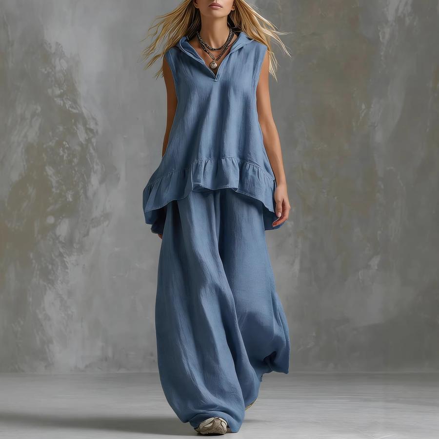 Sommer Neues Elegantes Mode Baumwoll Leinen Lässiges Ärmelloses Oberteil Weite Hosen Set